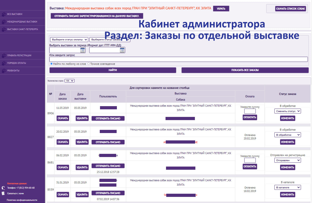 Панель управления - список заказов по отдельной выставке
